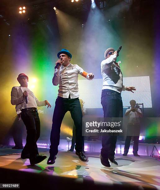 MCs Bjoern Beton, Dokter Renz and Koenig Boris of the German Hip Hop band Fettes Brot perform live during a concert at the C-Halle on May 8, 2010 in...