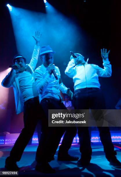 MCs Bjoern Beton, Dokter Renz and Koenig Boris of the German Hip Hop band Fettes Brot perform live during a concert at the C-Halle on May 8, 2010 in...