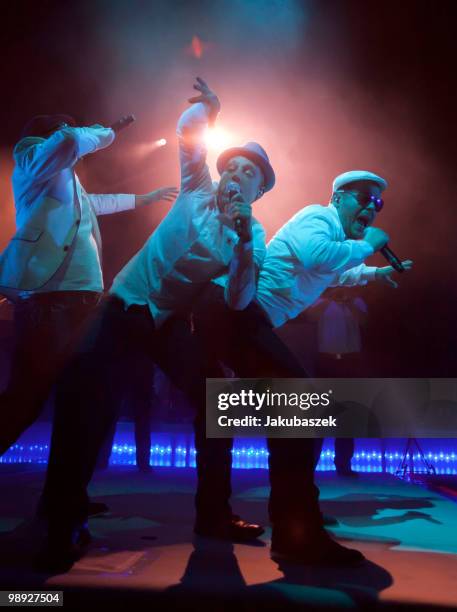 MCs Bjoern Beton, Dokter Renz and Koenig Boris of the German Hip Hop band Fettes Brot perform live during a concert at the C-Halle on May 8, 2010 in...