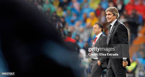Real Madrid coach Manuel Pellegrini looks on during the La Liga match between Real Madrid and Athletic Club at Santiago Bernabeu on May 8, 2010 in...