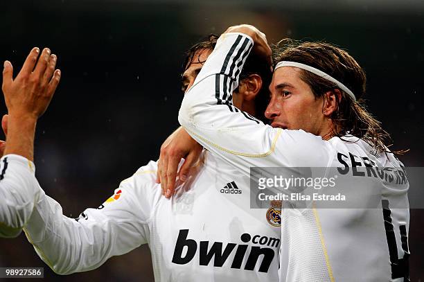 Sergio Ramos of Real Madrid celebrates with Kaka after scoring during the La Liga match between Real Madrid and Athletic Club at Santiago Bernabeu on...