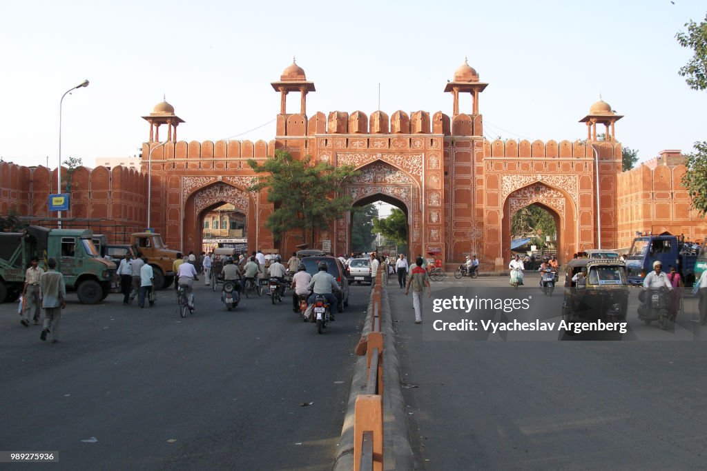 Downtown Jaipur and one of three city gates, Rajasthan, India