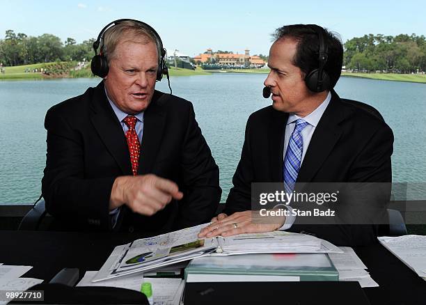 Golf announcers, Johnny Miller and Dan Hicks rehearse during the third round of THE PLAYERS Championship on THE PLAYERS Stadium Course at TPC...