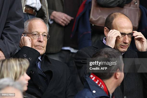 Rennes football club's new president Patrick Le Lay and Rennes' general manager Pierre Dreossi attend the French L1 football match Rennes vs. Nice on...