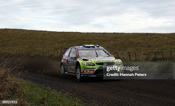 Jari-Matti Latvala of Finland and co-driver Miikka Anttila drive their Ford Focus RS WRC 09 during stage 18 of the WRC Rally of New Zealand at Te...