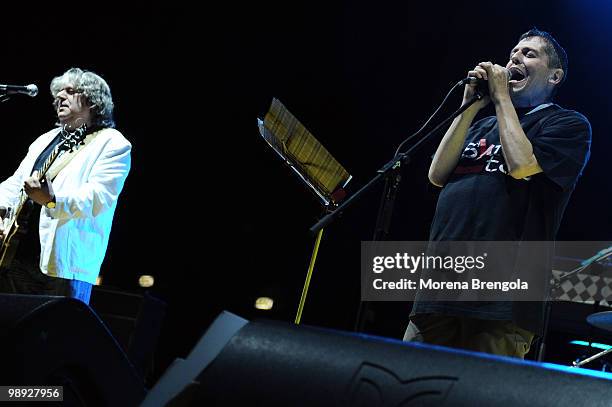 Roberto "Freak" Antoni and Fabio "Dandy Bestia" Testoni of Skiantos perform at Palasharp on May 8, 2010 in Milan, Italy.