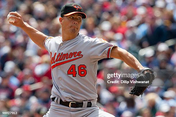 Starting pitcher Jeremy Guthrie of the Baltimore Orioles throws against the Minnesota Twins at Target Field on May 8, 2010 in Minneapolis, Minnesota....