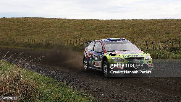 Mikko Hirvonen of Finland and co-driver Jarmo Lehtinen drive their Ford Focus RS WRC 09 during stage 18 of the WRC Rally of New Zealand at Te Hutewai...