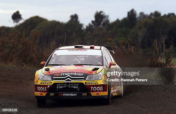 Peter Solberg of Norway and co-driver Phil Mills drive their Citroen C4 WRC during stage 18 of the WRC Rally of New Zealand at Te Hutewai on May 9,...