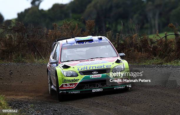 Jari-Matti Latvala of Finland and co-driver Miikka Anttila drive their Ford Focus RS WRC 09 during stage 18 of the WRC Rally of New Zealand at Te...
