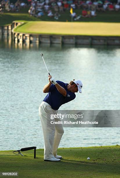 Lee Westwood of England hits his tee shot on the 17th hole during the third round of THE PLAYERS Championship held at THE PLAYERS Stadium course at...