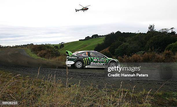 Matthew Wilson of Great Britain and co-driver Scott Martin drive their Ford Focus RS WRC 08 during stage 18 of the WRC Rally of New Zealand at Te...