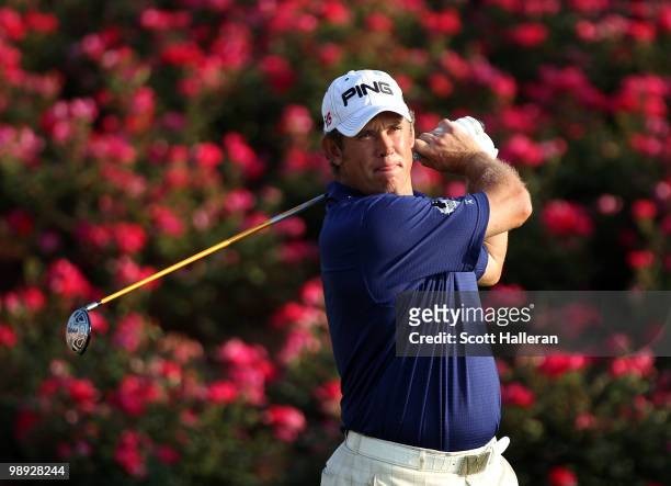 Lee Westwood of England plays his tee shot on the 18th hole during the third round of THE PLAYERS Championship held at THE PLAYERS Stadium course at...