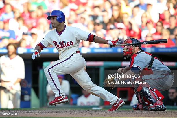 Third baseman Placido Polanco of the Philadelphia Phillies bats during a game against the Atlanta Braves at Citizens Bank Park on May 8, 2010 in...