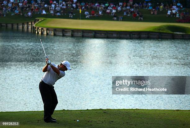 Francesco Molinari of Italy hits his tee shot on the 17th hole during the third round of THE PLAYERS Championship held at THE PLAYERS Stadium course...