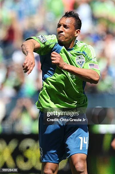 Tyrone Marshall of the Seattle Sounders FC complains to the referee during the game against the Los Angeles Galaxy on May 8, 2010 at Qwest Field in...