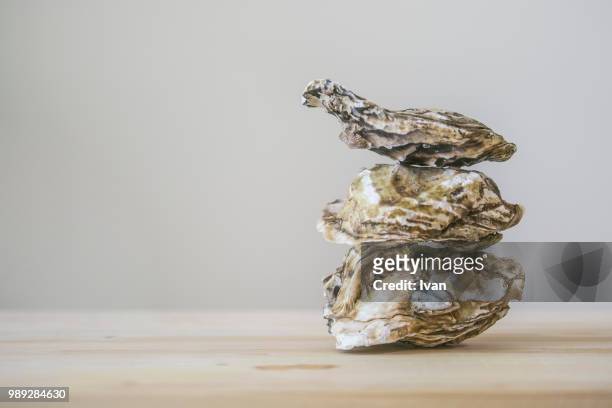 stack of oyster on wooden plate - afrodisíaco fotografías e imágenes de stock
