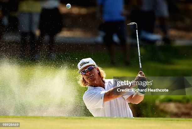 Charley Hoffman plays from a greenside bunker on the 11th hole during the third round of THE PLAYERS Championship held at THE PLAYERS Stadium course...