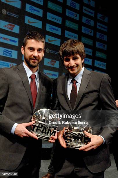 Juan Carlos Navarro and Ricky Rubio pose with their trophies during the Euroleague Basketball 2009-2010 Season Awards Ceremony at Hotel de Ville on...