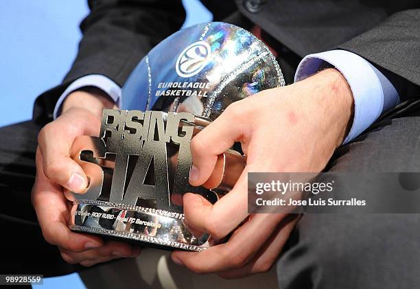 Ricky Rubio, #9 of Regal FC Barcelona, Rising Star 2009-2010 Trophy in hands during the Euroleague Basketball 2009-2010 Season Awards Ceremony at...