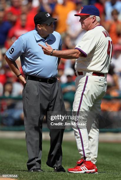 Manager Charlie Manuel of the Philadelphia Phillies argues with first base umpire Andy Fletcher during the game against the St. Louis Cardinals at...