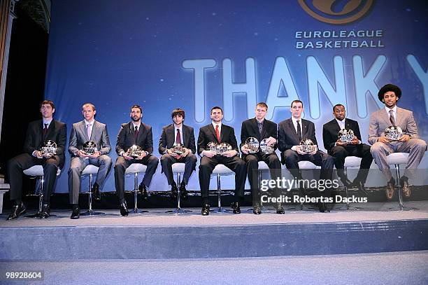 Erazem Lorbek, #25 of Regal FC Barcelona, Ramunas Siskauskas, #9 of CSKA Moscow, Juan Carlos Navarro, #11 and Ricky Rubio, #9 of Regal FC Barcelona,...