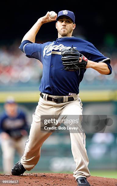 Pitcher Jon Garland of the San Diego Padres throws in the first inning againt the Houston Astros at Minute Maid Park on May 8, 2010 in Houston, Texas.