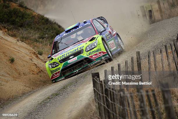 Mikko Hirvonen of Finland and co-driver Jarmo Lehtinen of Finland drive their BP Abu Dhabi Ford Focus during Leg2 of the WRC Rally of New Zealand on...