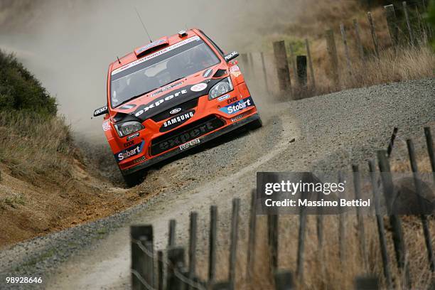 Henning Solberg of Norway and co-driver Ilka Minor of Austria drive their Stobart Ford Focus during Leg2 of the WRC Rally of New Zealand on May 8,...