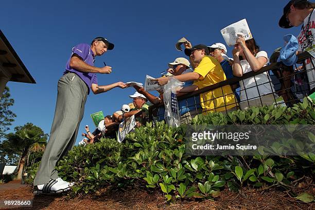 Jim Furyk signs autographs following the second round of THE PLAYERS Championship on THE PLAYERS Stadium Course at TPC Sawgrass on May 7, 2010 in...