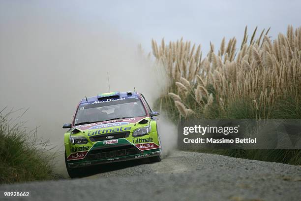 Mikko Hirvonen of Finland and co-driver Jarmo Lehtinen of Finland drive their BP Abu Dhabi Ford Focus during Leg2 of the WRC Rally of New Zealand on...