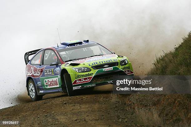 Mikko Hirvonen of Finland and co-driver Jarmo Lehtinen of Finland drive their BP Abu Dhabi Ford Focus during Leg2 of the WRC Rally of New Zealand on...