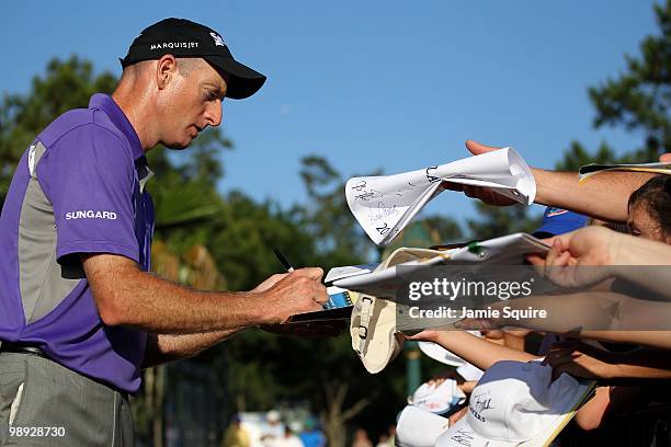 Jim Furyk signs autographs following the second round of THE PLAYERS Championship on THE PLAYERS Stadium Course at TPC Sawgrass on May 7, 2010 in...