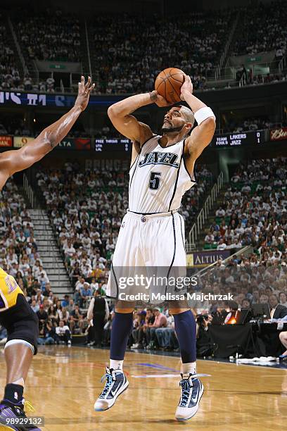 Carlos Boozer of the Utah Jazz shoots the ball against the Los Angeles Lakers in Game Three of the Western Conference Semifinals during the 2010 NBA...