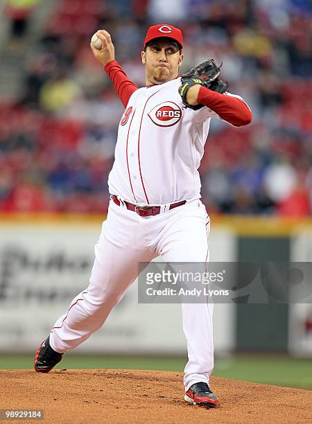 Aaron Harang of the Cincinnati Reds throws a pitch during the game against the Chicago Cubs Great American Ball Park on May 8, 2010 in Cincinnati,...