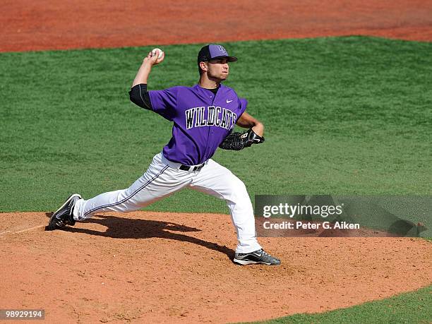 Pitcher Tyler Sturges of the Kansas State Wildcats delivers a pitch during the eighth inning against the Texas Longhorns at Tointon Stadium on May 8,...