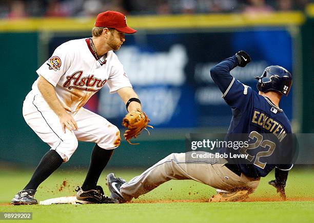 David Eckstein of the San Diego Padres steals second bae in the sixth inning as shortstop Jeff Keppinger of the Houston Astros applies the tag at...