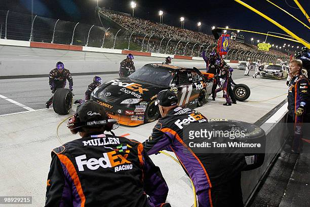 Denny Hamlin, driver of the FedEx Express Toyota, pits during the NASCAR Sprint Cup series SHOWTIME Southern 500 at Darlington Raceway on May 8, 2010...