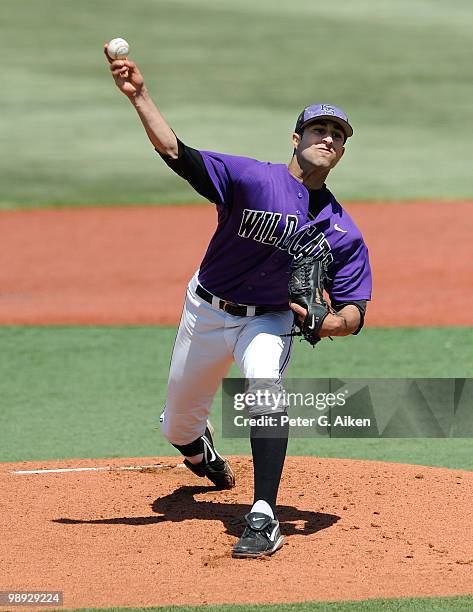 Starting pitcher Kayvon Bahramzedeh of the Kansas State Wildcats delivers a pitch during the first inning against the Texas Longhorns at Tointon...