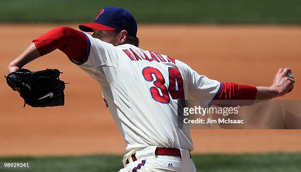 Roy Halladay of the Philadelphia Phillies delivers a pitch against the St. Louis Cardinals at Citizens Bank Park on May 6, 2010 in Philadelphia,...