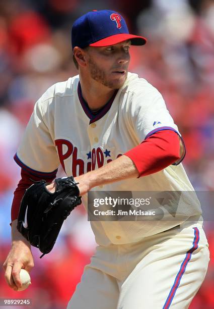 Roy Halladay of the Philadelphia Phillies delivers a pitch against the St. Louis Cardinals at Citizens Bank Park on May 6, 2010 in Philadelphia,...