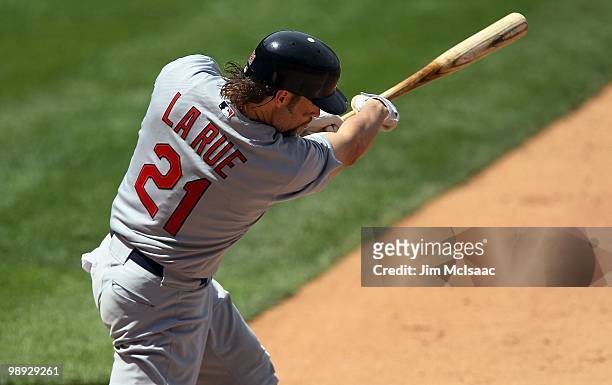 Jason LaRue of the St. Louis Cardinals bats against the Philadelphia Phillies at Citizens Bank Park on May 6, 2010 in Philadelphia, Pennsylvania. The...