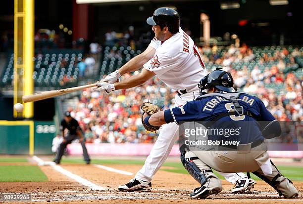 Lance Berkman of the Houston Astros strikes out in the fourth inning against the Sa Diego Padres as catcher Yorvit Torrealba catches the ball at...