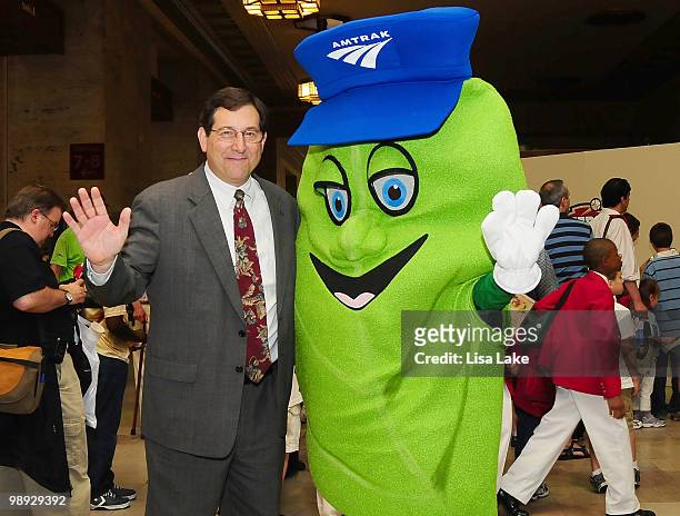 Amtrak chief engineer Frank A. Vacca with Amtrak mascot Arte during the Amtrak National Train Day Celebration 2010 - Philadelphia at 30th Street...