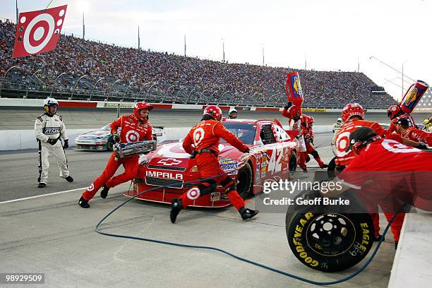Juan Pablo Montoya, driver of the Target Chevrolet, pits during the NASCAR Sprint Cup series SHOWTIME Southern 500 at Darlington Raceway on May 8,...