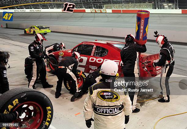 Brad Keselowski, driver of the Penske Dodge, pits during the NASCAR Sprint Cup series SHOWTIME Southern 500 at Darlington Raceway on May 8, 2010 in...
