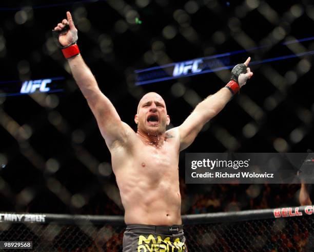 Joe Doerksen celebrates his victory over Tom Lawlor in their middleweight bout at UFC 113 at Bell Centre on May 8, 2010 in Montreal, Quebec, Canada....