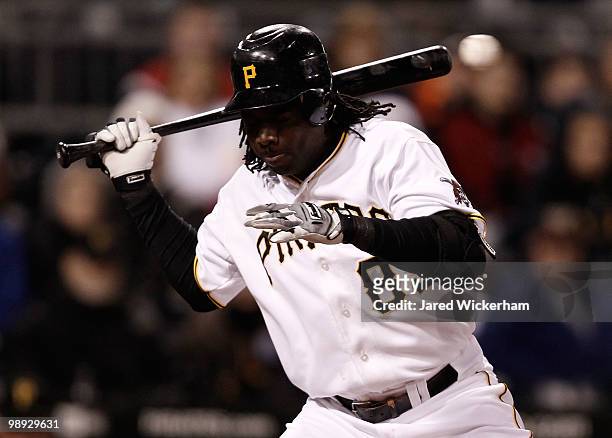 Lastings Milledge of the Pittsburgh Pirates avoids getting hit by a pitch against the St Louis Cardinals during the game on May 8, 2010 at PNC Park...