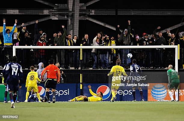 Robbie Rogers of the Columbus Crew scores the game winning goal in extra time against the New England Revolution on May 8, 2010 at Crew Stadium in...