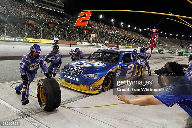 Kurt Busch, driver of the Miller Lite Dodge, pits during the NASCAR Sprint Cup series SHOWTIME Southern 500 at Darlington Raceway on May 8, 2010 in...